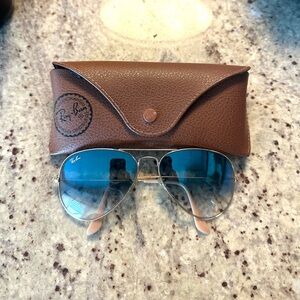 Ray-Ban Aviator Sunglasses with Blue Lenses and Brown Case